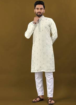 Men's off white matka silk silver zari with embroidery butti work kurta set 1