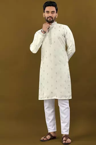 Men's off white matka silk silver zari with embroidery butti work kurta set