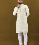 Men's off white matka silk silver zari with embroidery butti work kurta set