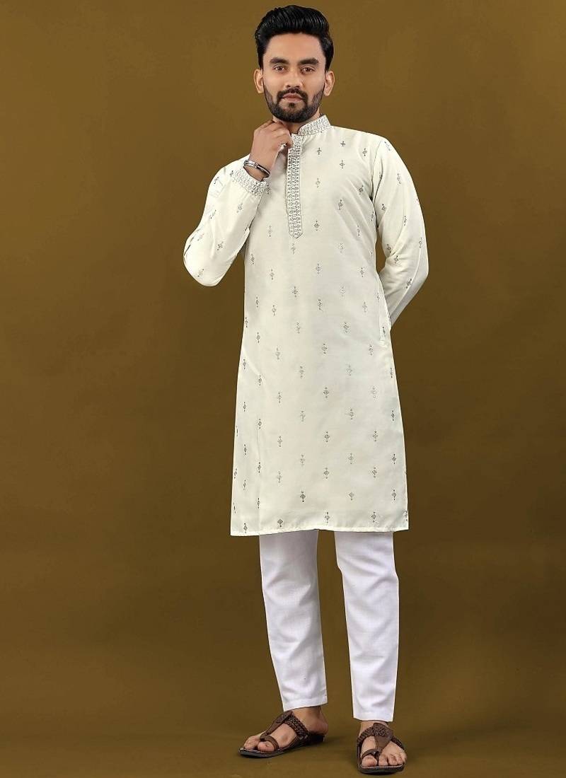 Men's off white matka silk silver zari with embroidery butti work kurta set