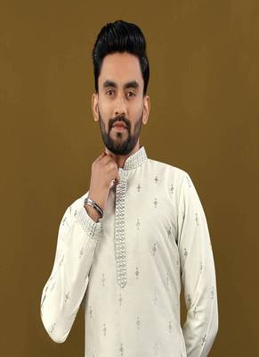 Men's off white matka silk silver zari with embroidery butti work kurta set 2
