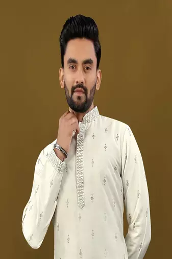 Men's off white matka silk silver zari with embroidery butti work kurta set