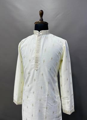 Men's off white matka silk silver zari with embroidery butti work kurta set 3