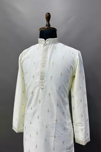 Men's off white matka silk silver zari with embroidery butti work kurta set
