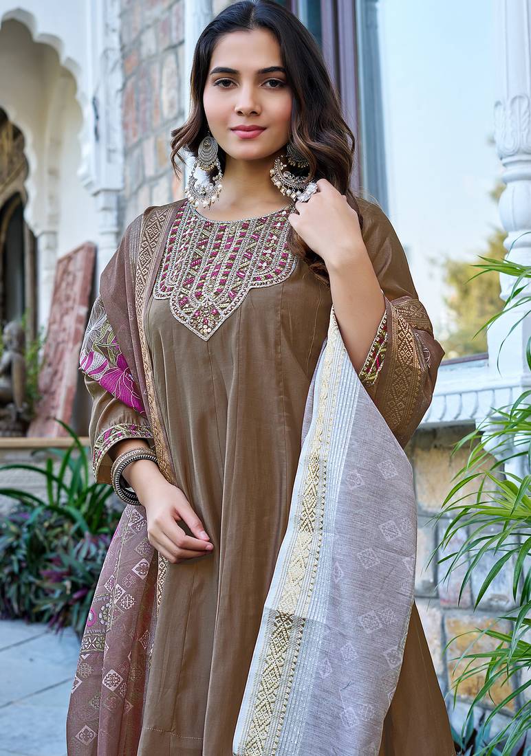 Women Ethnic Motifs Embroidered Roman Kurta with Trouser & Dupatta