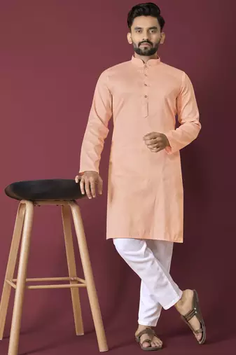Orange solid soft jacquard silk straight kurta