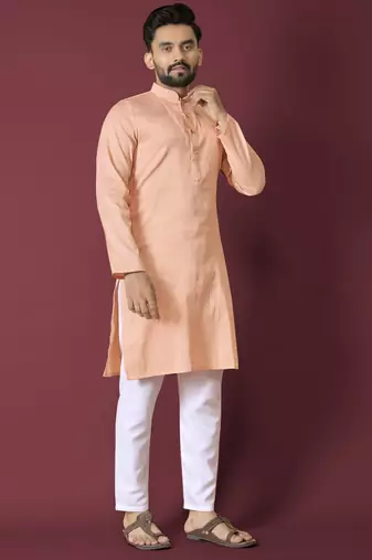 Orange solid soft jacquard silk straight kurta