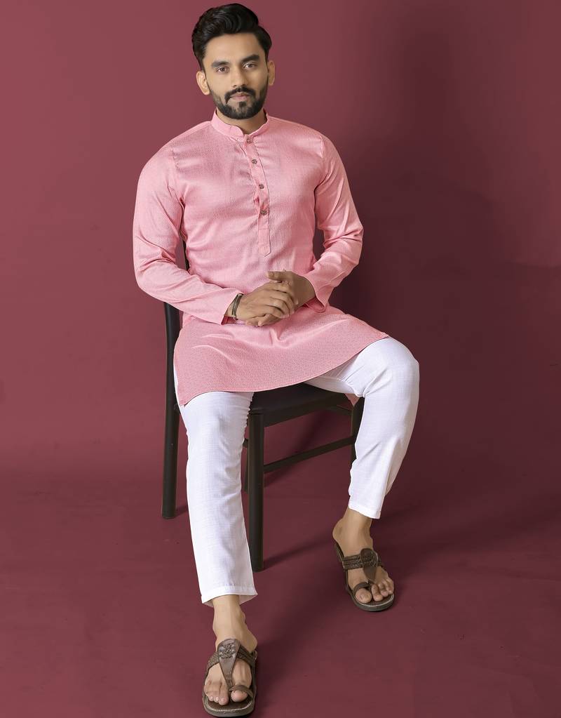 Pink solid soft jacquard silk straight kurta