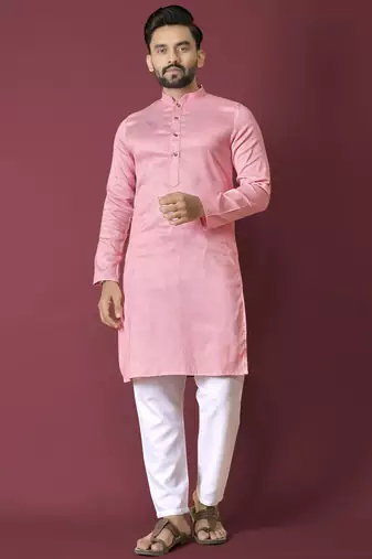 Pink solid soft jacquard silk straight kurta
