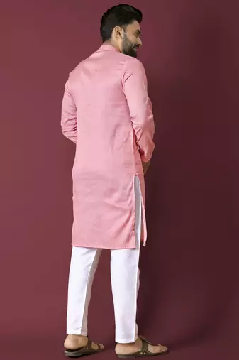 Pink solid soft jacquard silk straight kurta