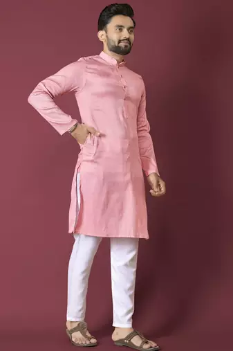 Pink solid soft jacquard silk straight kurta