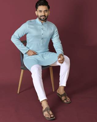 Sky blue solid soft jacquard silk straight kurta 1