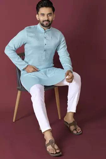 Sky blue solid soft jacquard silk straight kurta