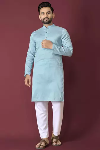 Sky blue solid soft jacquard silk straight kurta