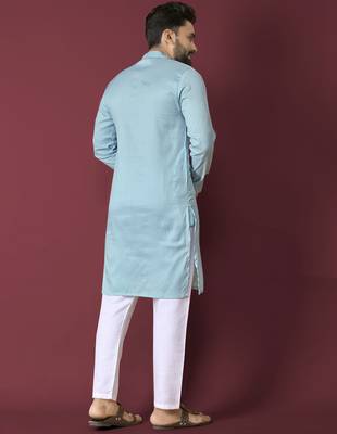 Sky blue solid soft jacquard silk straight kurta 3