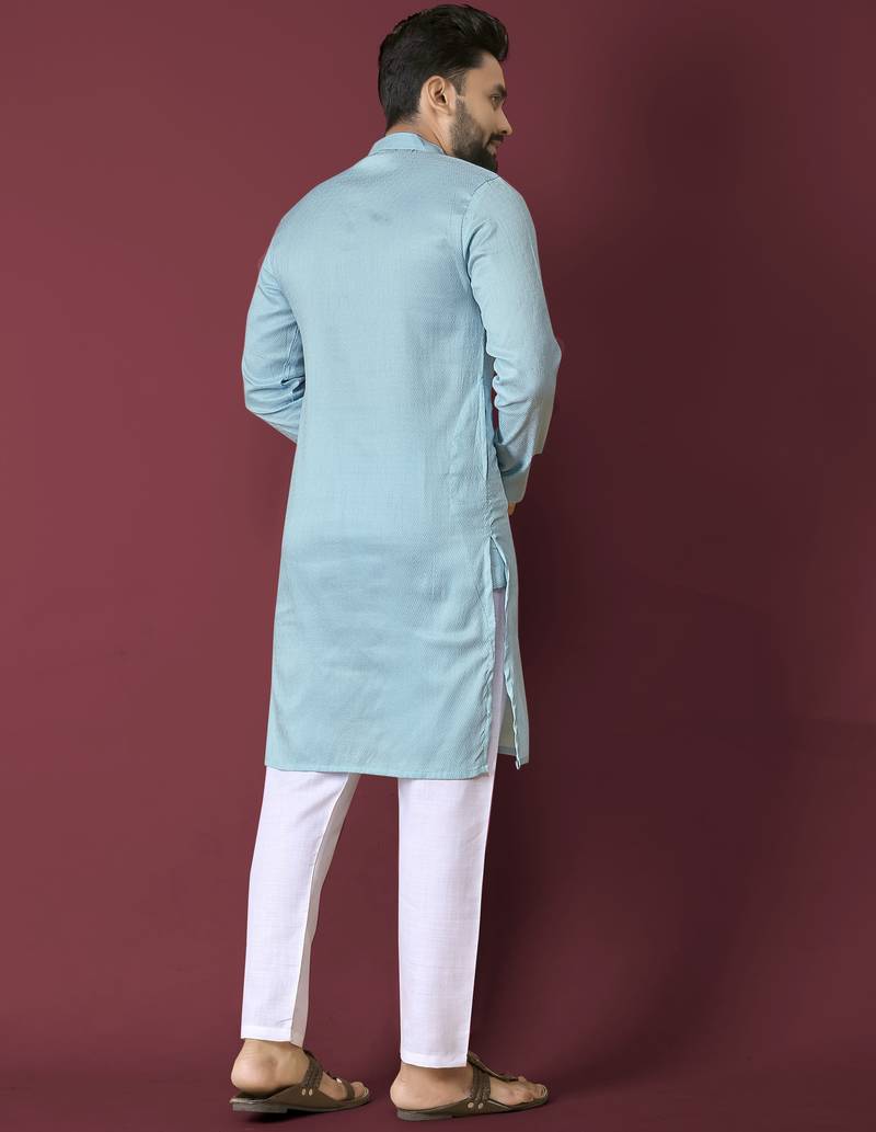Sky blue solid soft jacquard silk straight kurta
