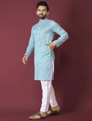 Sky blue solid soft jacquard silk straight kurta 4