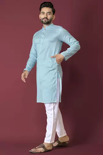Sky blue solid soft jacquard silk straight kurta