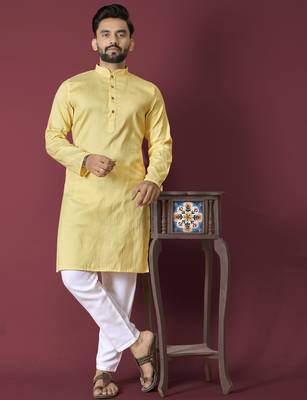 Yellow solid soft jacquard silk straight kurta 1