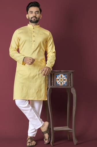 Yellow solid soft jacquard silk straight kurta
