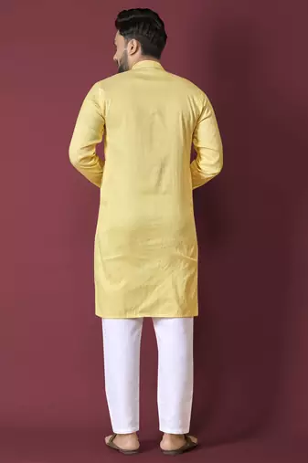 Yellow solid soft jacquard silk straight kurta