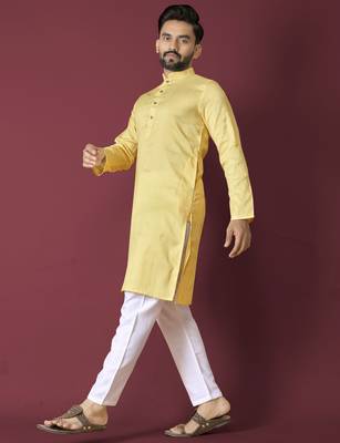 Yellow solid soft jacquard silk straight kurta 3