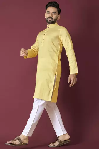 Yellow solid soft jacquard silk straight kurta