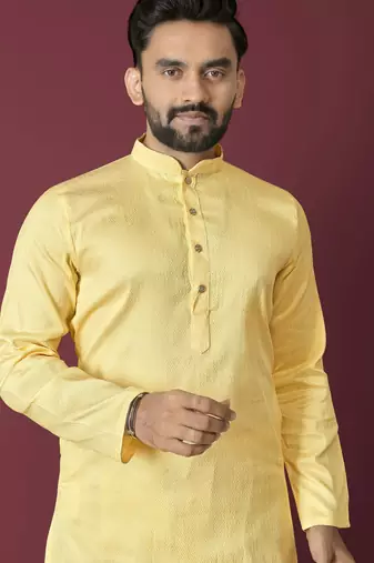 Yellow solid soft jacquard silk straight kurta