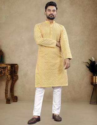 Yellow lucknowi work silk straight kurta 1