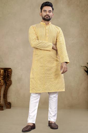 Yellow lucknowi work silk straight kurta