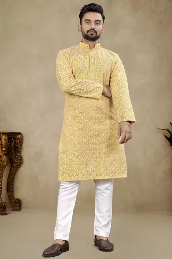 Yellow lucknowi work silk straight kurta