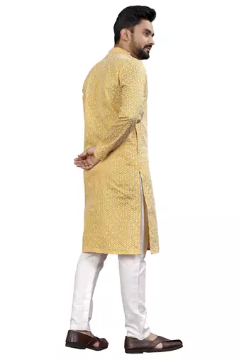 Yellow lucknowi work silk straight kurta