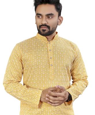 Yellow lucknowi work silk straight kurta 3
