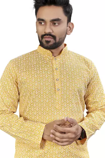 Yellow lucknowi work silk straight kurta