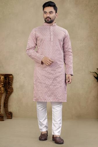 Pink lucknowi work silk straight kurta