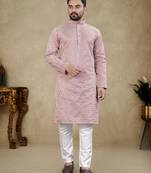 Pink lucknowi work silk straight kurta