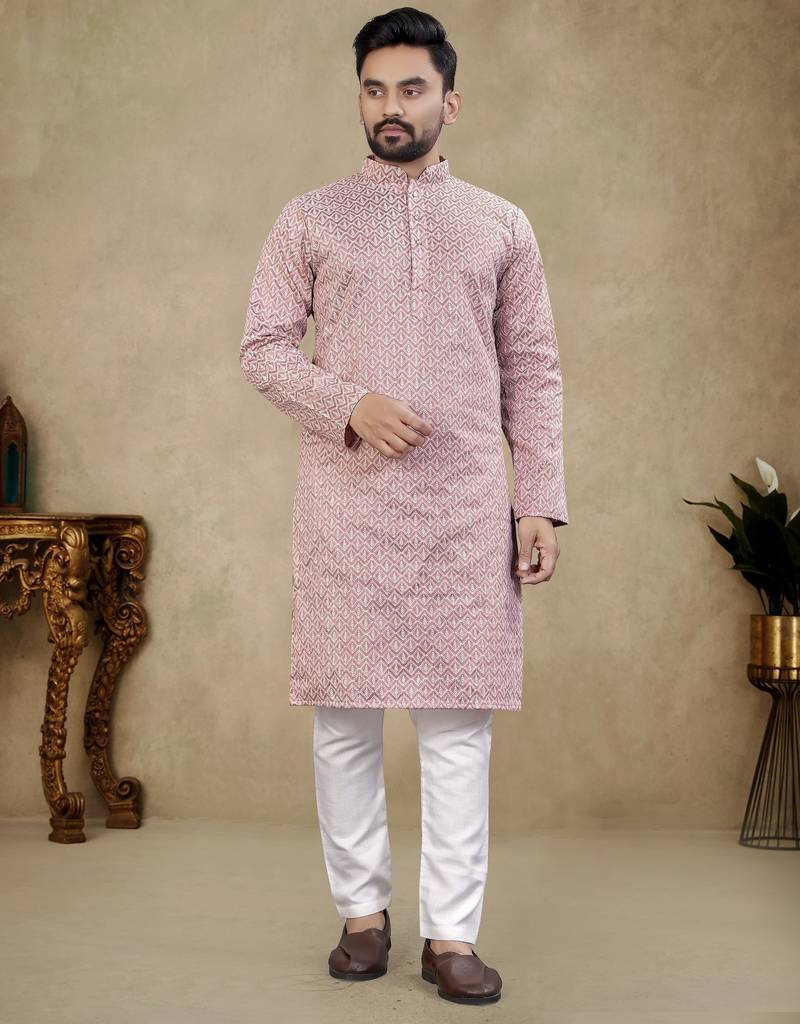 Pink lucknowi work silk straight kurta