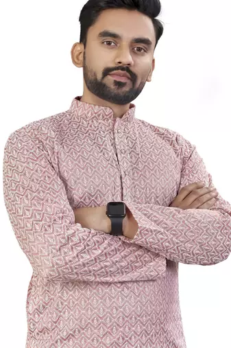 Pink lucknowi work silk straight kurta