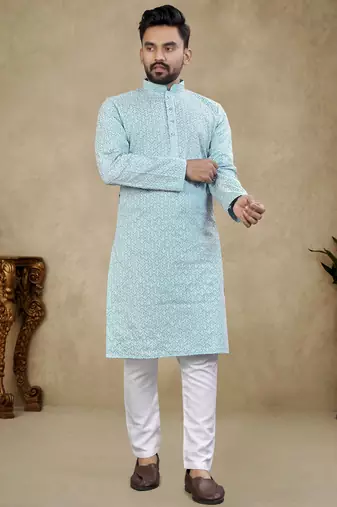 Light blue lucknowi work silk straight kurta