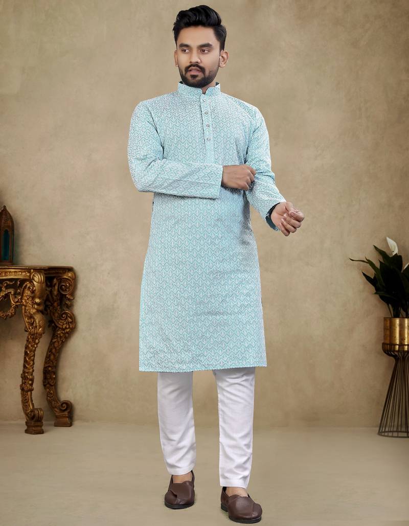 Light blue lucknowi work silk straight kurta