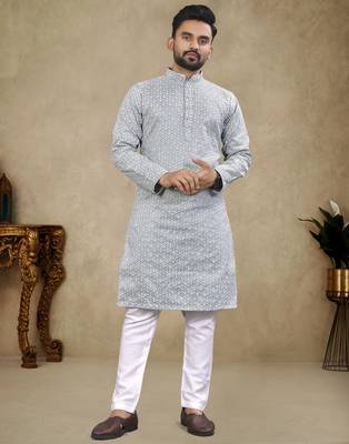 Grey lucknowi work silk straight kurta 1