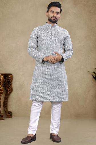 Grey lucknowi work silk straight kurta