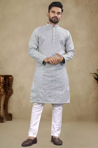 Grey lucknowi work silk straight kurta