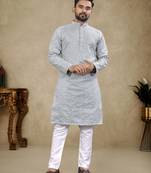 Grey lucknowi work silk straight kurta