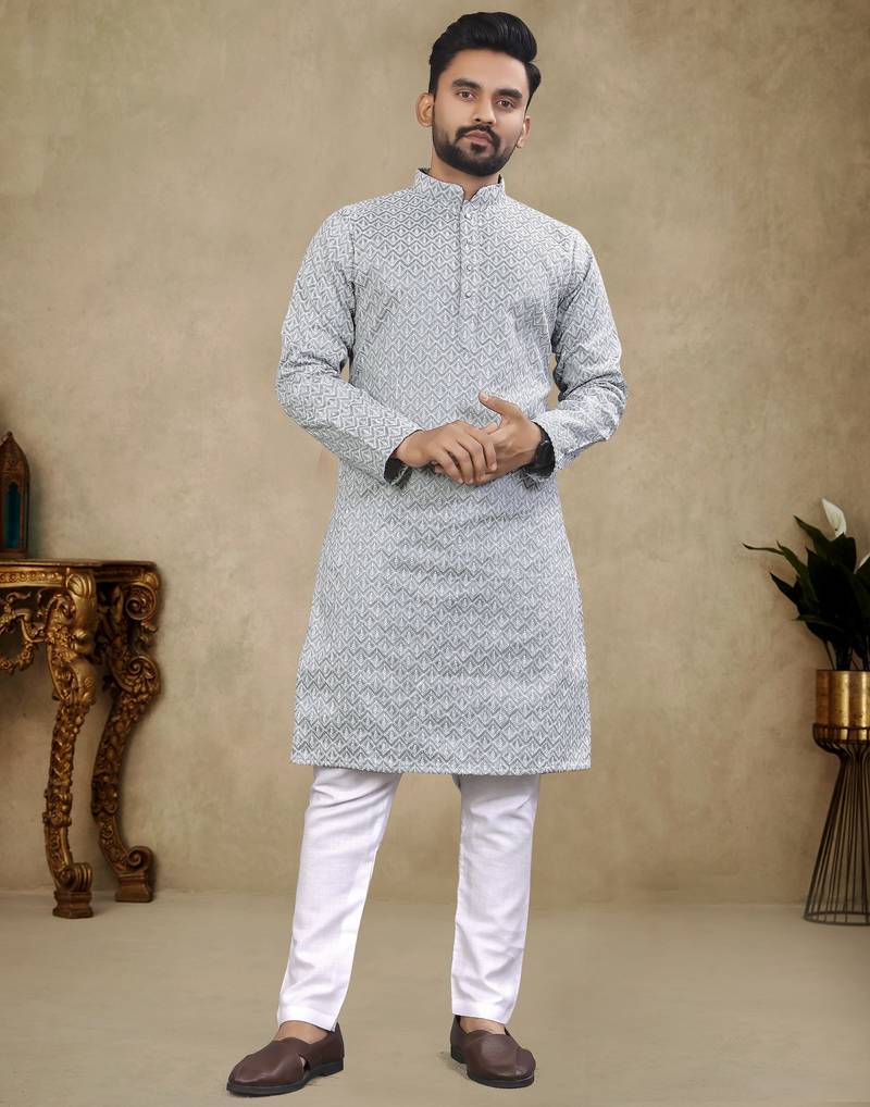 Grey lucknowi work silk straight kurta