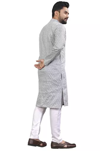 Grey lucknowi work silk straight kurta