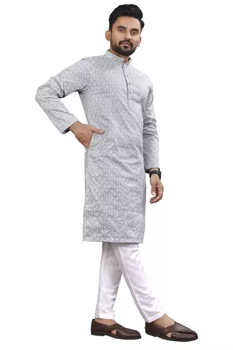 Grey lucknowi work silk straight kurta