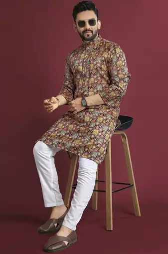Multicolour printed pure silk straight kurta