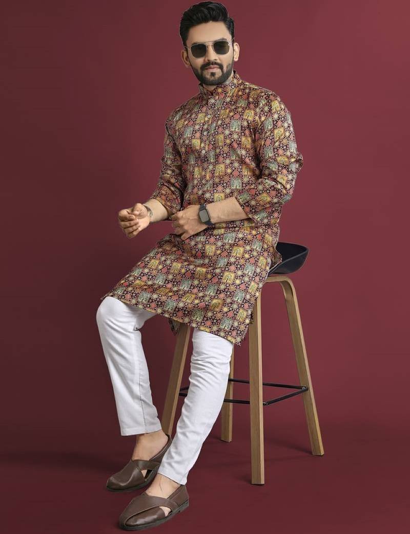 Multicolour printed pure silk straight kurta