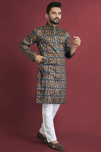 Multicolour printed pure silk straight kurta